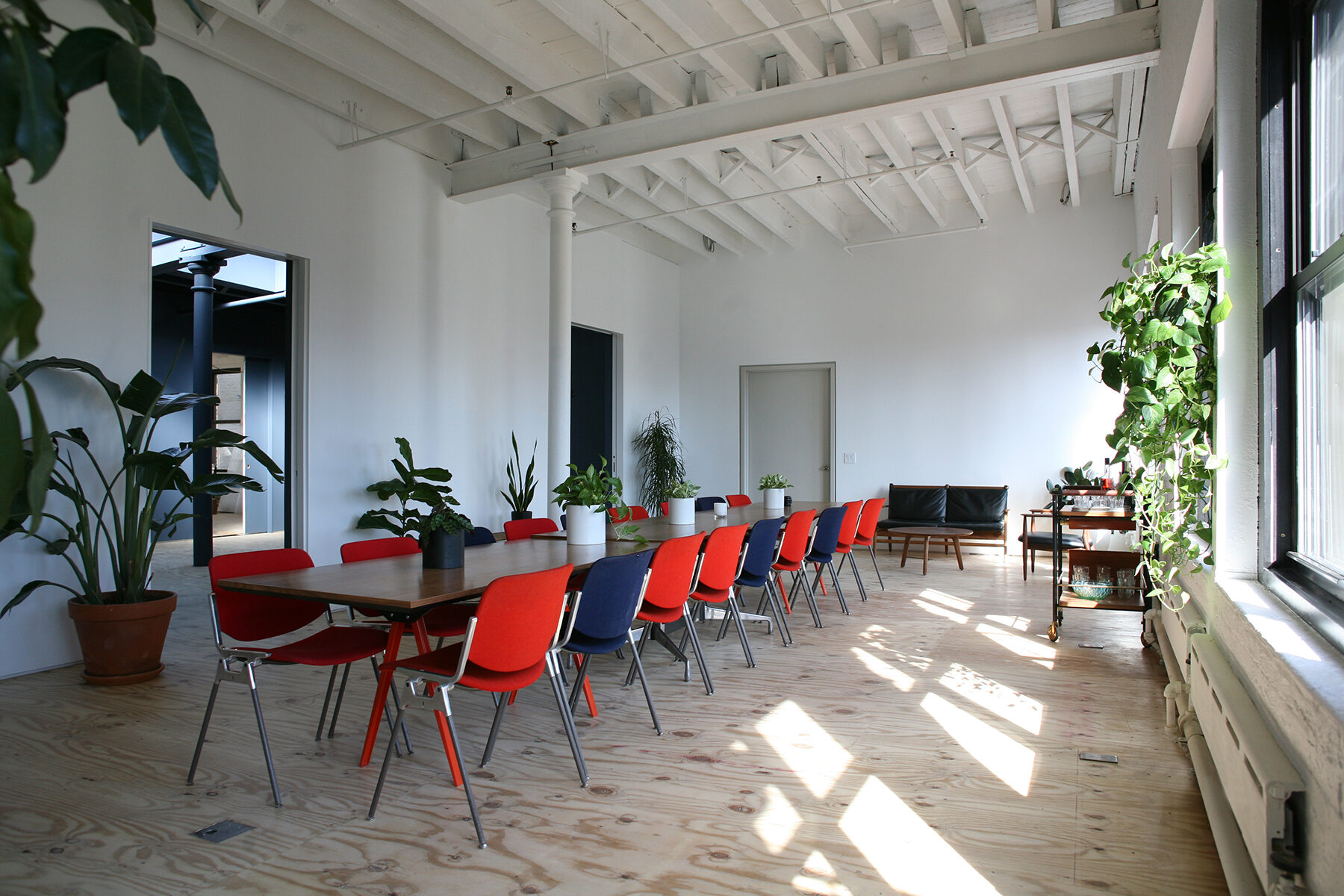 Open studio interior with blue chairs, large windows, plants, and wooden floors