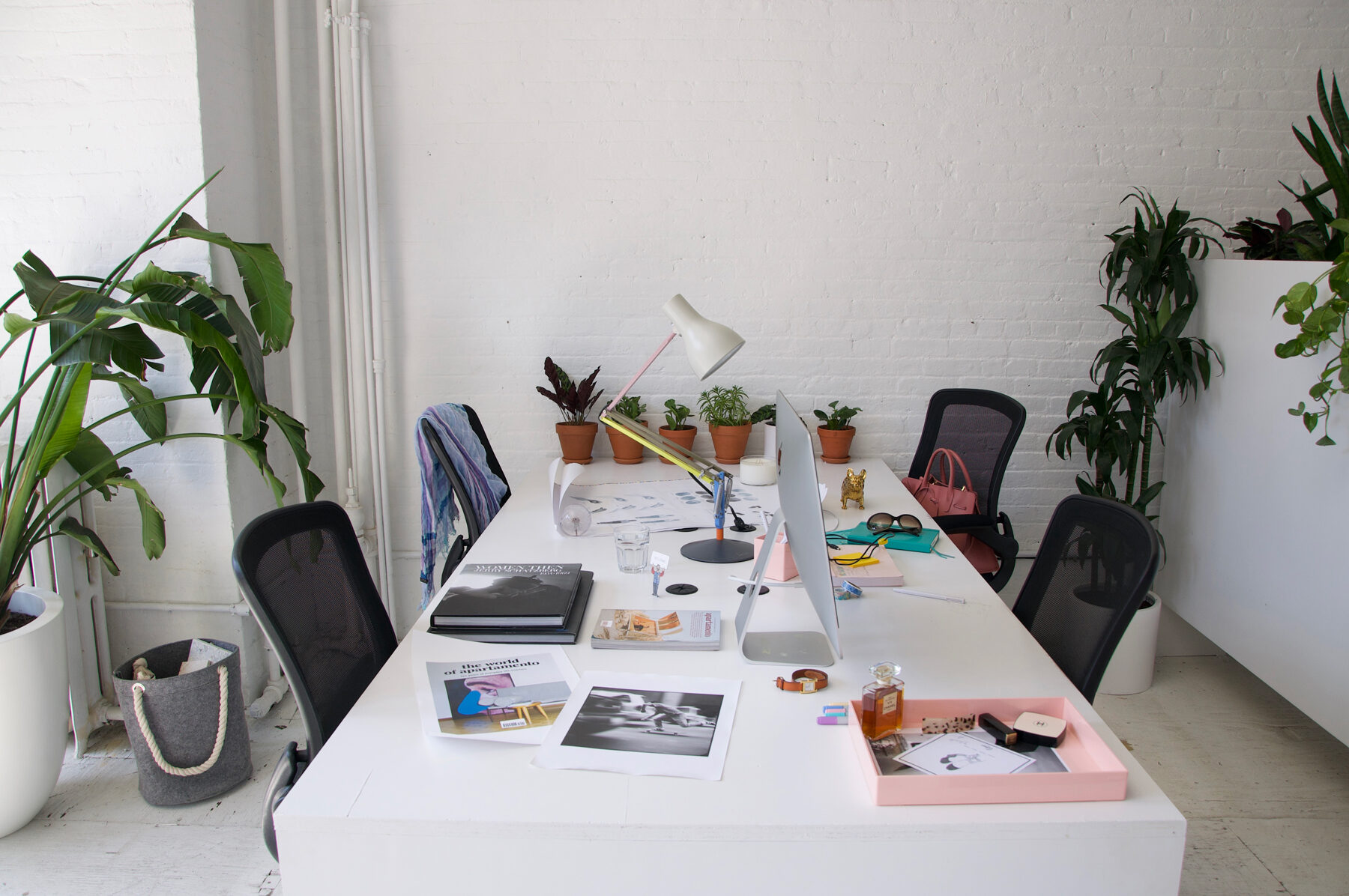 Communal workspace with plants and books on a long white table